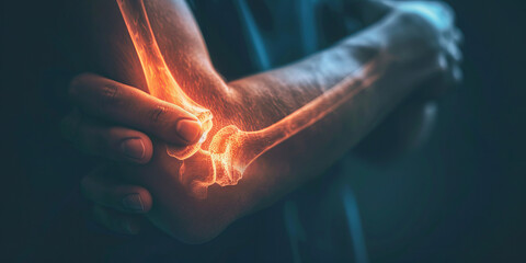 Ulna Fracture: The Elbow Pain and Limited Flexibility - A person holding their elbow with a grimace, indicating the pain and limited range of motion of an ulna fracture - obrazy, fototapety, plakaty