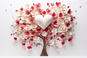 Tree with red and white flowers and heart on white background.
