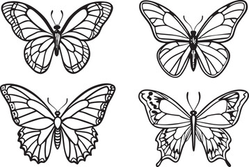 set off Butterflies . Black and white vector illustration isolated on white background.