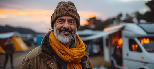 Obraz premium A joyful elderly man with a warm scarf and beanie stands in front of a campground with RVs and tents during sunset