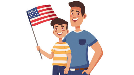father and son holding an American flag on a white background, illustration, people, man, boy, family, independence day, USA, symbol, state, stars, stripes, holiday, election, voting, America, child