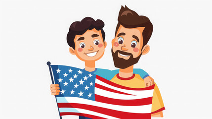 Obraz premium father and son holding an American flag on a white background, illustration, people, man, boy, family, independence day, USA, symbol, state, stars, stripes, holiday, election, voting, America, child