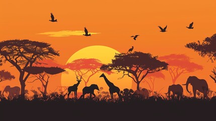Fototapeta na wymiar African savannah animals in a seamless vector pattern, sunset orange background, dramatic magazine cover, from above
