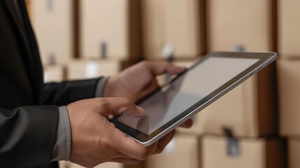 A professional in formal attire managing inventory with a digital tablet in a warehouse.