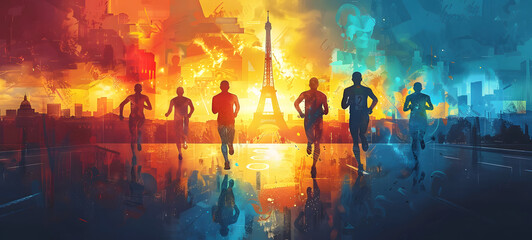  Summer Olympic games in Paris, France 2024. Marathon running in Paris, France. A group of runners is silhouetted against a colorful, abstract rendition of a cityscape with the Eiffel Tower