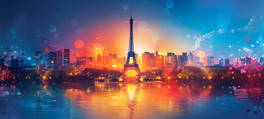 This vibrant image captures a digital art interpretation of Paris with the iconic Eiffel Tower standing out against a colorful, abstract background. Colorful artistic rendition of Paris skyline.