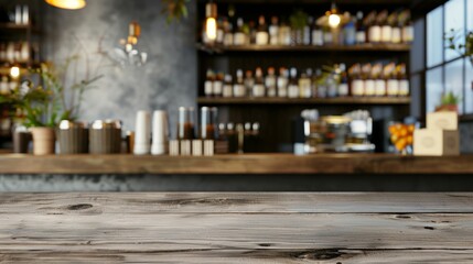 A well-polished wooden counter in a modern bar with blurred shelves in background.