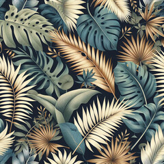 Tropical plant seamless pattern. Botany design, jungle leaves of palm tree and flowers.
