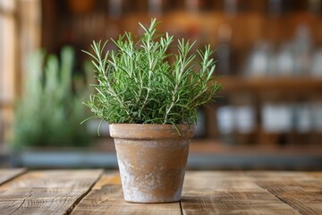 Rosemary plant on wood counter