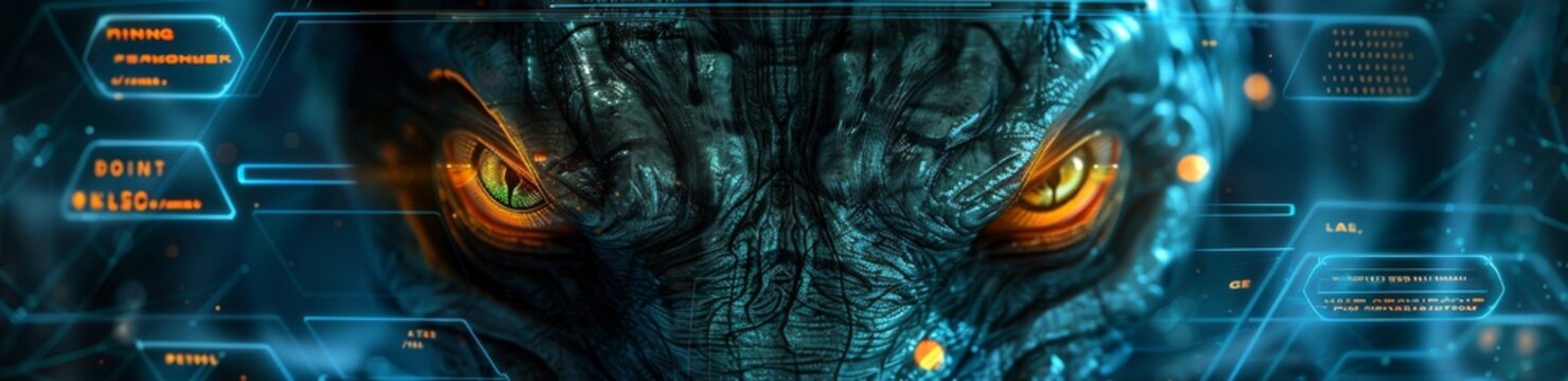 Futuristic alien interface with glowing eyes