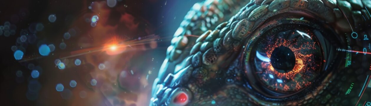 Futuristic alien interface with glowing eyes