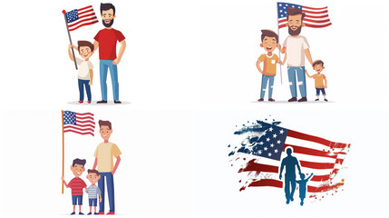 father and son holding an American flag on a white background, illustration, people, man, boy, family, independence day, USA, symbol, state, stars, stripes, holiday, election, voting, America, child