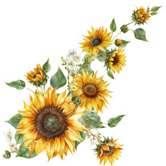 Watercolor illustration of sunflowers arrangement appears dynamic yet harmonious, suitable for a variety of decorative purposes where a touch of nature's beauty is desired