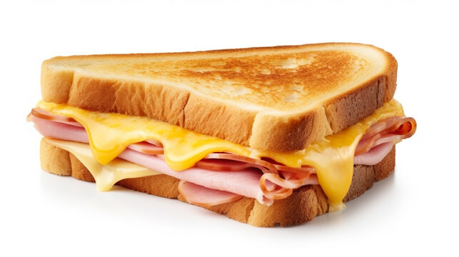 An isolated image of a toasted ham and cheese sandwich on a white background