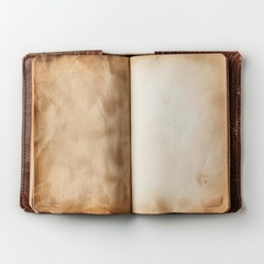 Old leather-bound book with worn pages open on white background