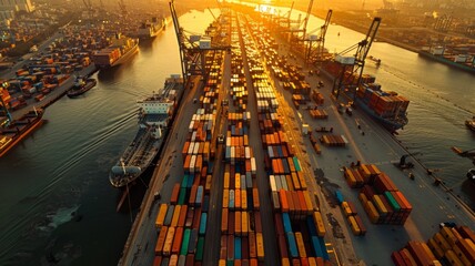 Aerial View of Busy International Shipping Port  