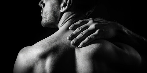 Scapular Fracture: The Shoulder Blade Pain and Limited Arm Movement - A person holding their shoulder blade area with a grimace, indicating the pain and limited arm movement of a scapular fracture - obrazy, fototapety, plakaty