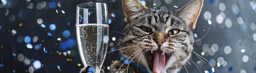 A content Tabby cat, tongue out, happily holds a crystal champagne flute, navy confetti around, Photorealistic,