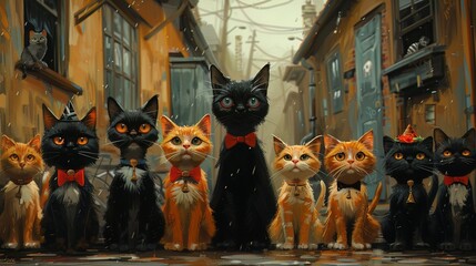 A charming street scene where cats of all breeds parade, wearing tiny hats and bow ties, celebrating International Cat Day