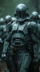 Obraz premium A Celtic warrior, reborn as a cyborg with regenerative capabilities, joins a platoon of mech suited troops