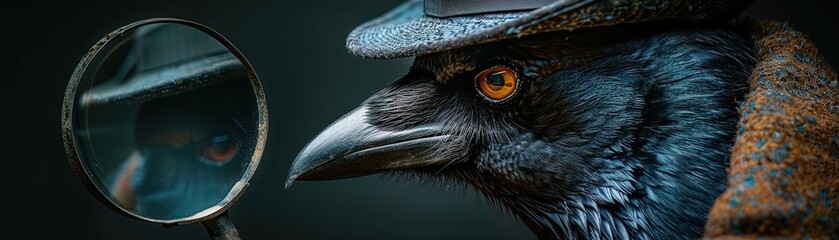 A crow wearing a Sherlock Holmes hat, investigating a mystery of missing shiny objects, with a magnifying glass - obrazy, fototapety, plakaty