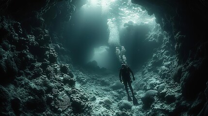 A cave diver explores a submerged cave system, aware of the limited air supply and the dangers of getting lost in the darkness