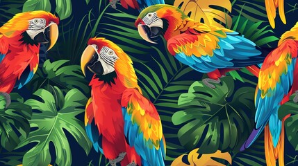 Exotic birds in a seamless vector pattern, tropical color background, eyecatching magazine cover, highangle view
