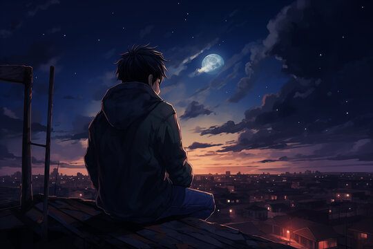 Anime illustration of a boy sitting while looking at sky on the rooftop