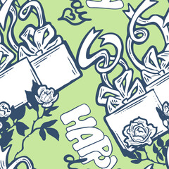 Gift box, ribbon and flowers seamless vector pattern for wrapping present with bow, party celebration, sale promotion, Textile print, fabric design, banner background. Hand drawn style illustration.