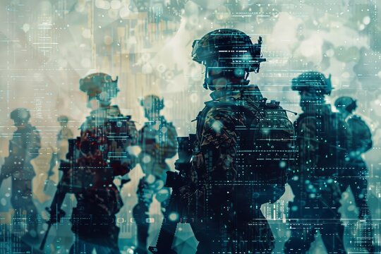 Digitalized futuristic soldiers in urban combat