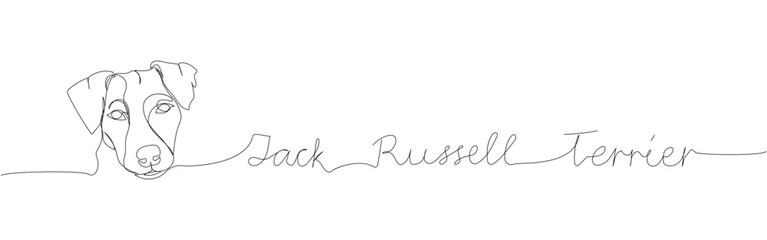 Jack Russell Terrier, hunting dog, service dog, companion dog one line art. Continuous line drawing of friend, dog, doggy, care, pet, animal, family, canine with inscription, lettering, handwritten.