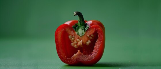 Red bell pepper cut in half on a green background