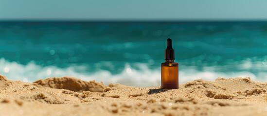 Package mockup for cosmetic product or tan oil on a sandy summer beach with sea water. Creative packaging template for natural tanning oil.