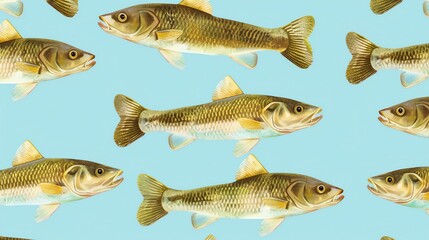 Freshwater fish vector pattern, seamless design, soft blue background, perfect for an outdoor magazine cover, eyelevel shot