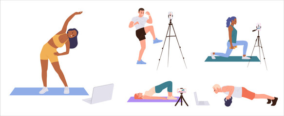 Man and woman fitness trainer isolated cartoon characters performing power exercise in video blog