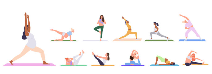 Happy healthy slim woman cartoon characters set doing sport activities at yoga or pilates class