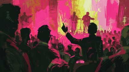 Illustration capturing the intense atmosphere of a hostile candidate town hall - obrazy, fototapety, plakaty