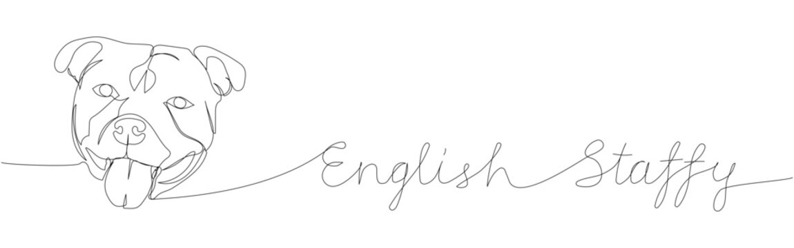 Staffordshire Bull Terrier, English Staffy, dog breed, companion dog one line art. Continuous line drawing of friend, doggy, animal, family, canine with inscription, lettering, handwritten.