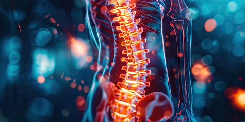 Facet Joint Fracture: The Back Pain and Spinal Instability - Picture a person with a highlighted spine, indicating pain and instability in the facet joints - obrazy, fototapety, plakaty