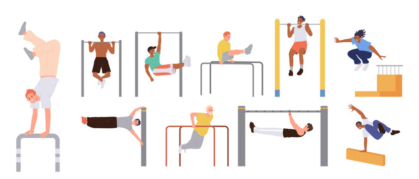 Outdoors training, parkour and calisthenics set with healthy strong and athletic sportsman