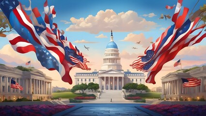 Witness the stylistic rendering of America's heritage month in a breathtaking and unique way.American flag and statue of liberty