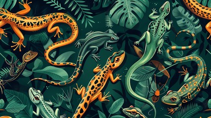 Reptiles and amphibians seamless pattern, deep jungle green background, striking cover for a herpetology magazine, top view