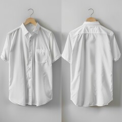 Front and back view of a white short-sleeved shirt on hangers. Mockup
