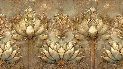Ornate Regal Egyptian Lotus and Papyrus Wallpaper Pattern with Metallic Accents in Muted Earthy Tones