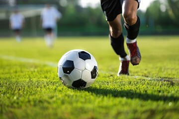 Obraz na płótnie Canvas Soccer player kicking ball with empty space