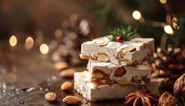 Soft Italian nougat with almonds a sweet treat popular during Christmas against a brown backdrop