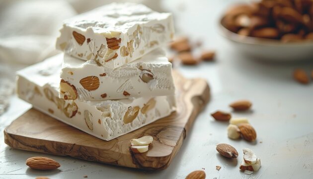 Soft Italian nougat with almonds on a small wooden board against a white background Space for text