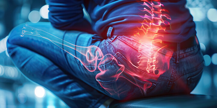 Coccyx Fracture: The Tailbone Pain and Discomfort - Imagine a person sitting uncomfortably, with a highlighted coccyx area, indicating pain and tenderness in the tailbone