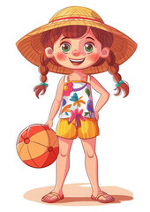 little cute girl in summer clothes, straw hat with a ball on a white background, illustration, beach, child, kid, children, childhood, baby, swimsuit, character, cartoon, art, drawing, toy, play, game