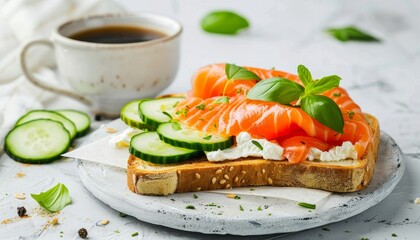 Salmon and cream cheese toast with cucumber on a white concrete table Healthy breakfast with fish and beverage viewed from the side and close up - Powered by Adobe